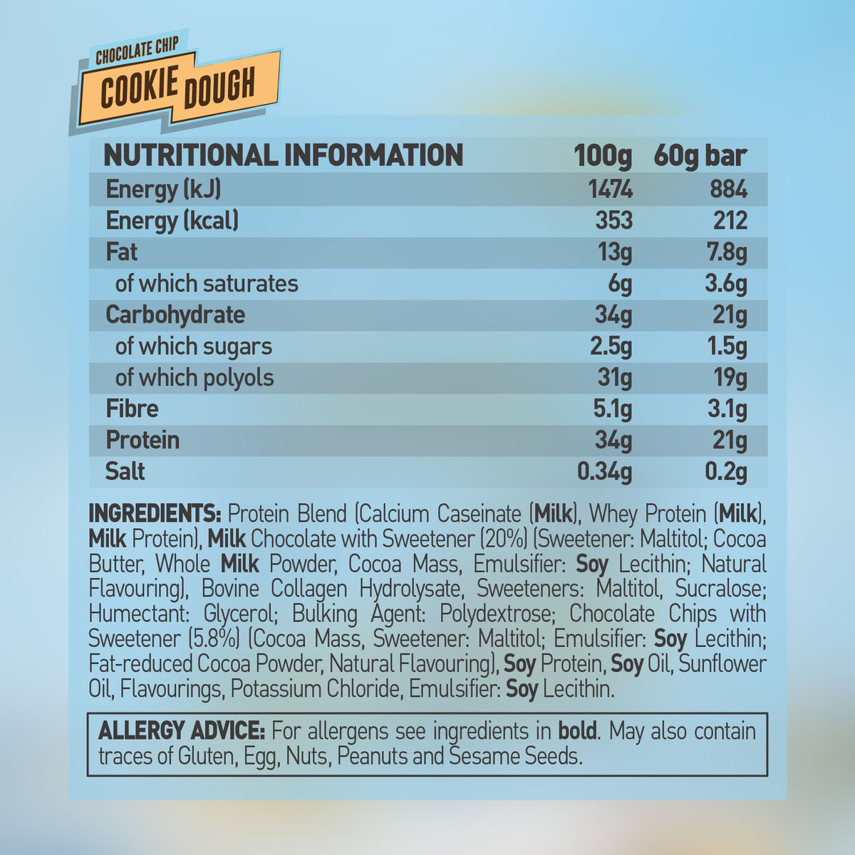 Grenade 12-Box Protein Bar Choc Chip Cookie Dough nutrition panel