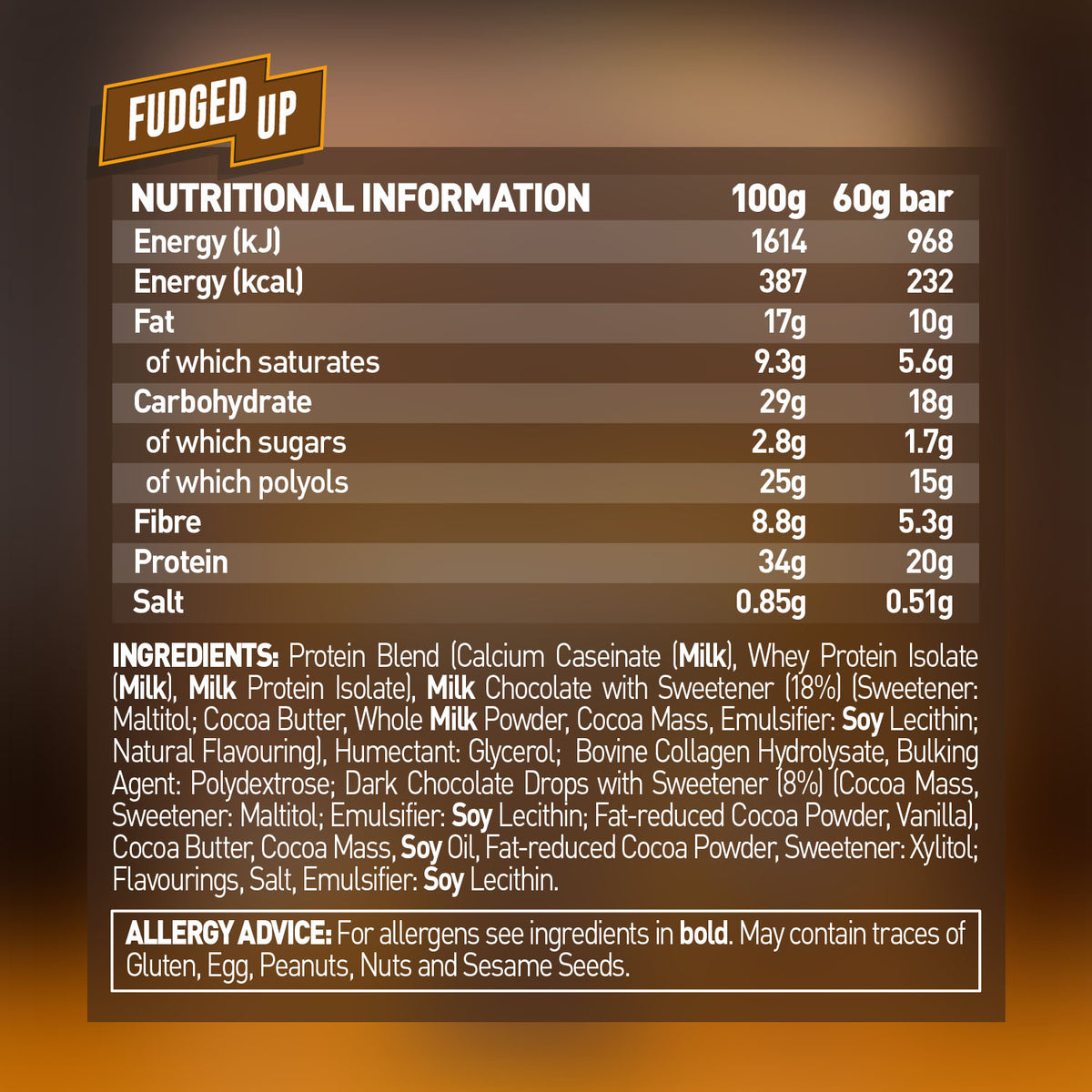 Grenade 12-Box Protein Bar Fudge Up nutrition panel