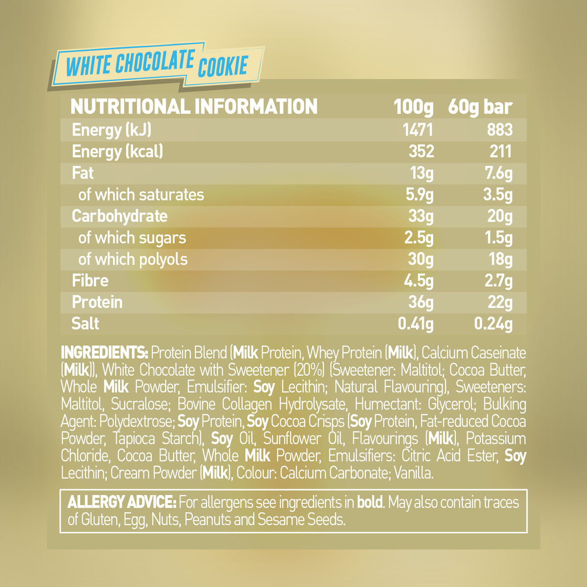 Grenade 12-Box Protein Bar White Choc Cookie nutrition panel