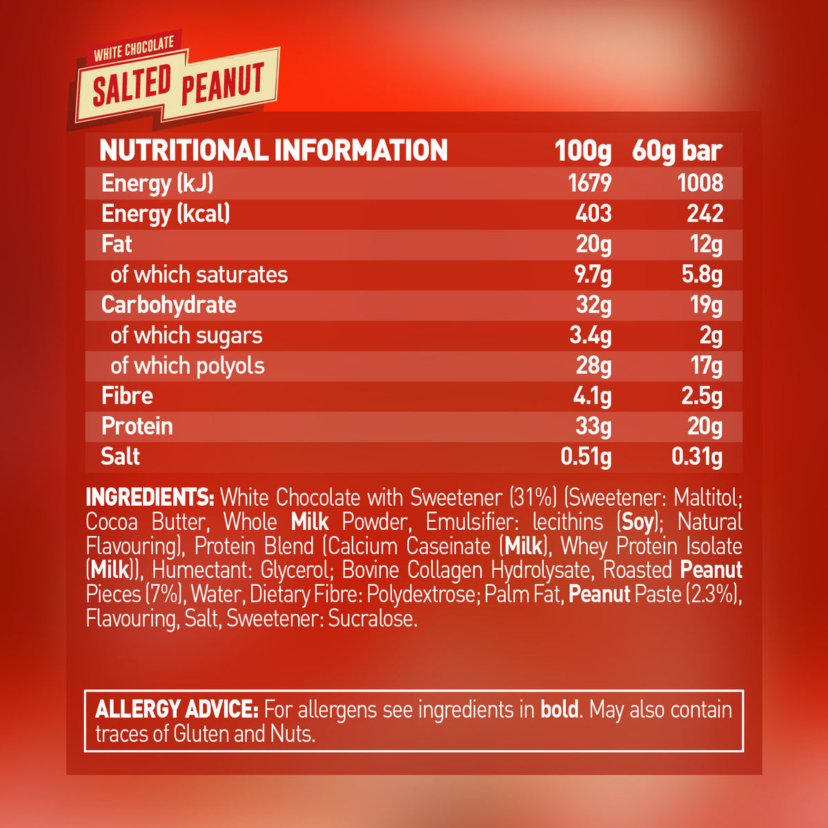 Grenade 12-Box Protein Bar White Choc Salted Peanut nutrition panel