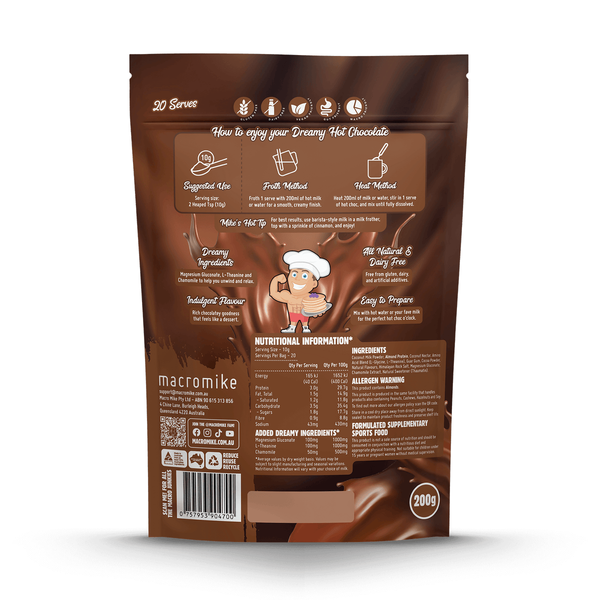 Macro Mike Dreamy Hot Chocolate Creamy Rich Choc supplement facts and nutrition panel