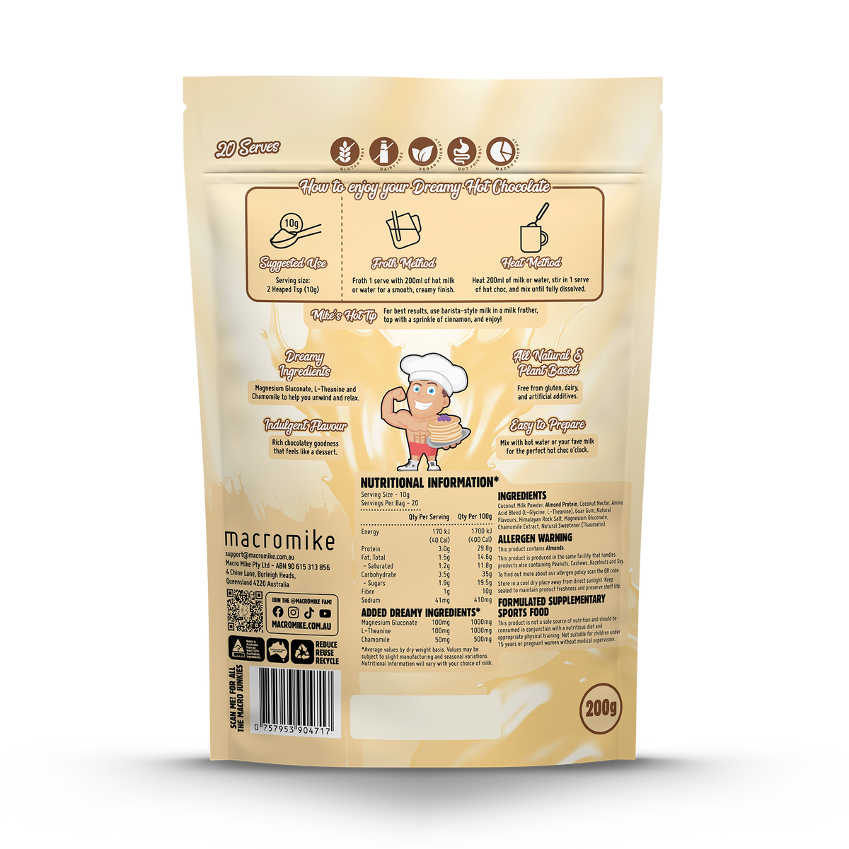 Macro Mike Dreamy Hot Chocolate Creamy White Choc supplement facts and nutrition panel