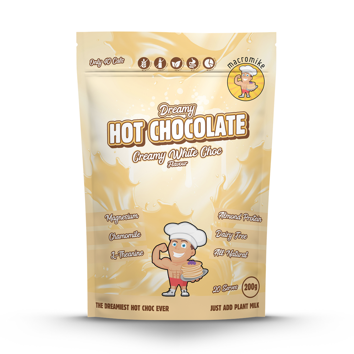 Macro Mike Dreamy Hot Chocolate Creamy White Choc 200g front of pack