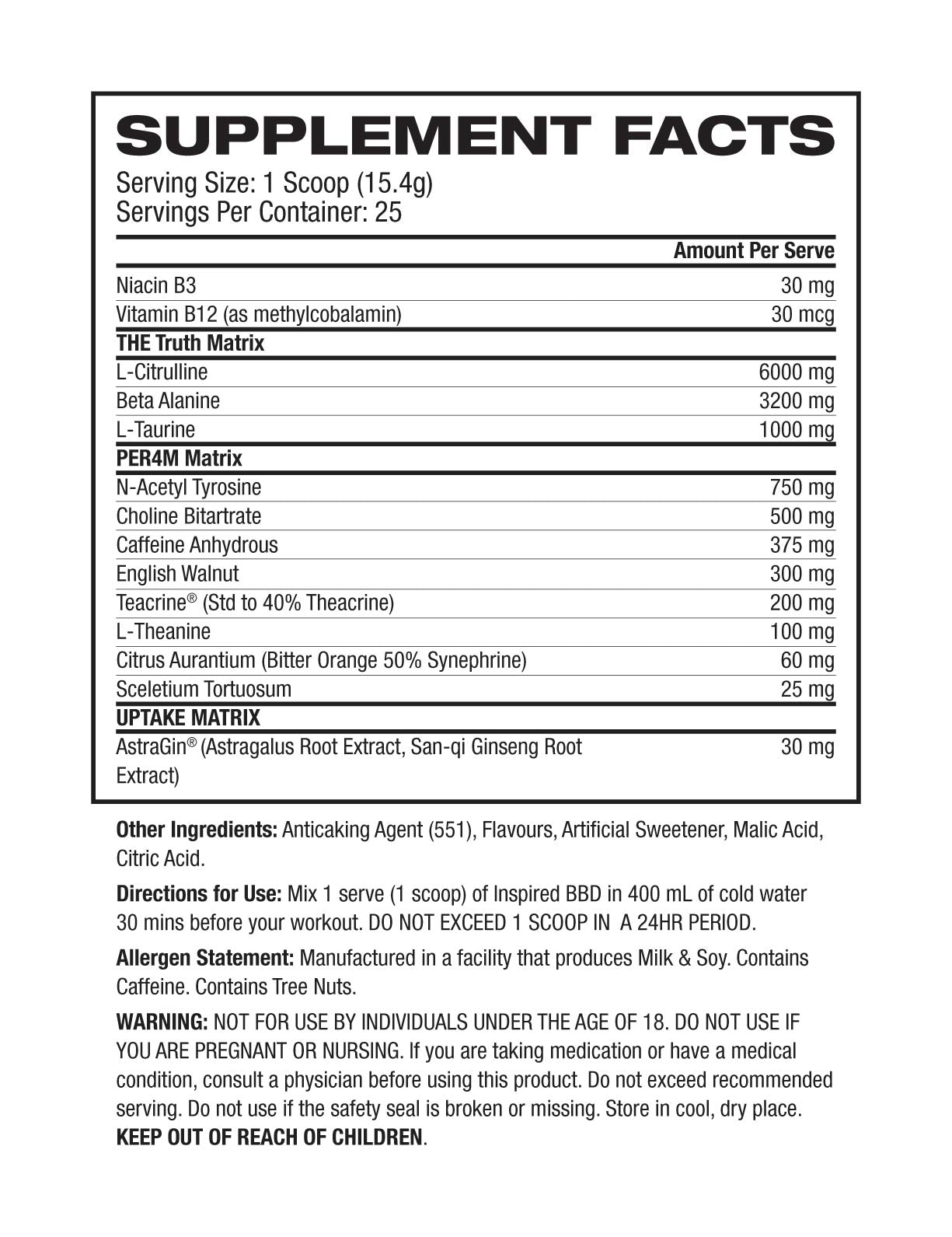 Inspired DVST8 BBD Pineapple Strawberry supplement facts and nutrition panel