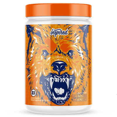 Inspired DVST8 BBD Orange Mango pre-workout, front of pack, 385g, NZ Supps