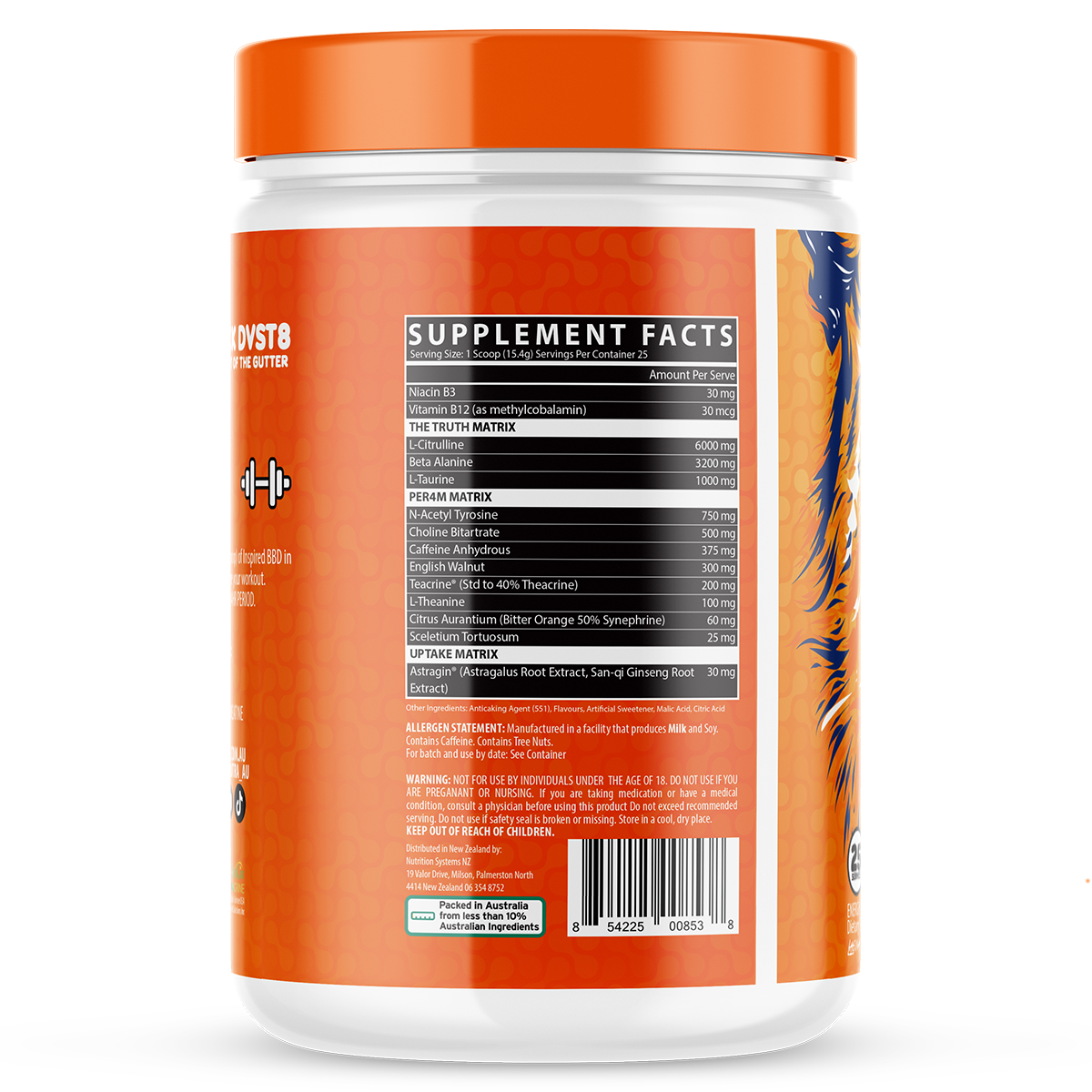 Inspired DVST8 BBD Orange Mango supplement facts and nutrition panel