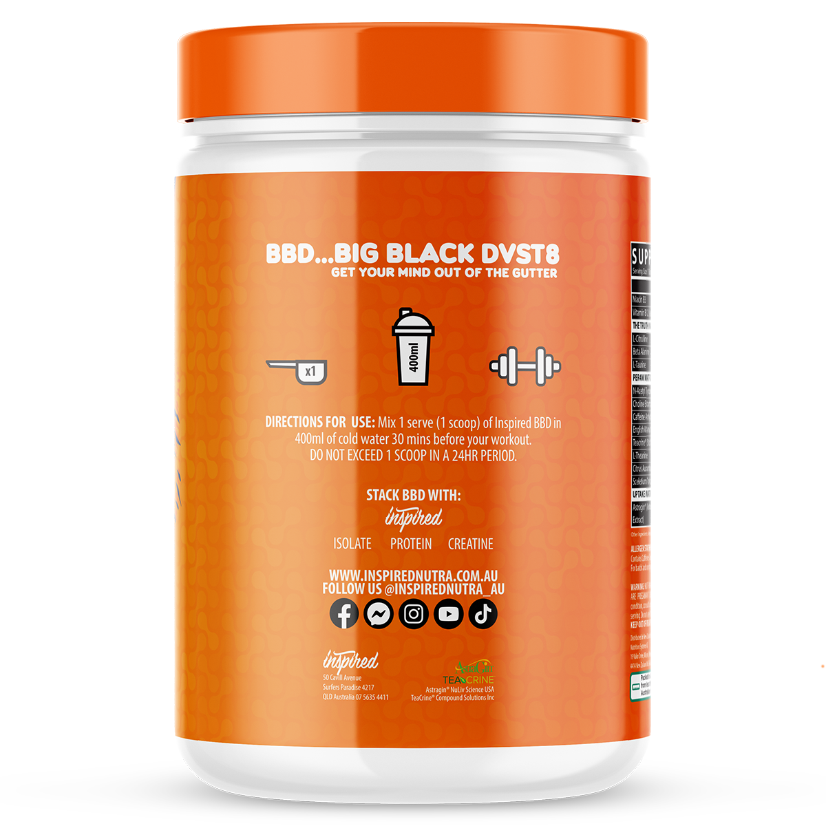 Inspired DVST8 BBD, Orange Mango — side of pack