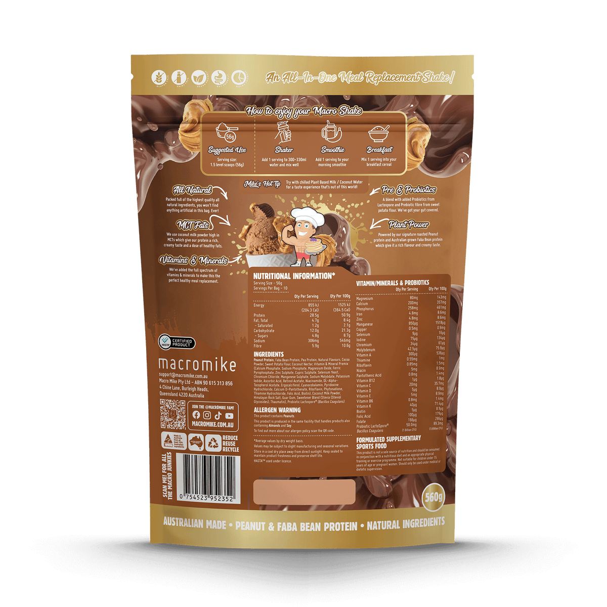 Macro Mike Peanut Macro Shake Choc Peanut Swirl supplement facts and nutrition panel