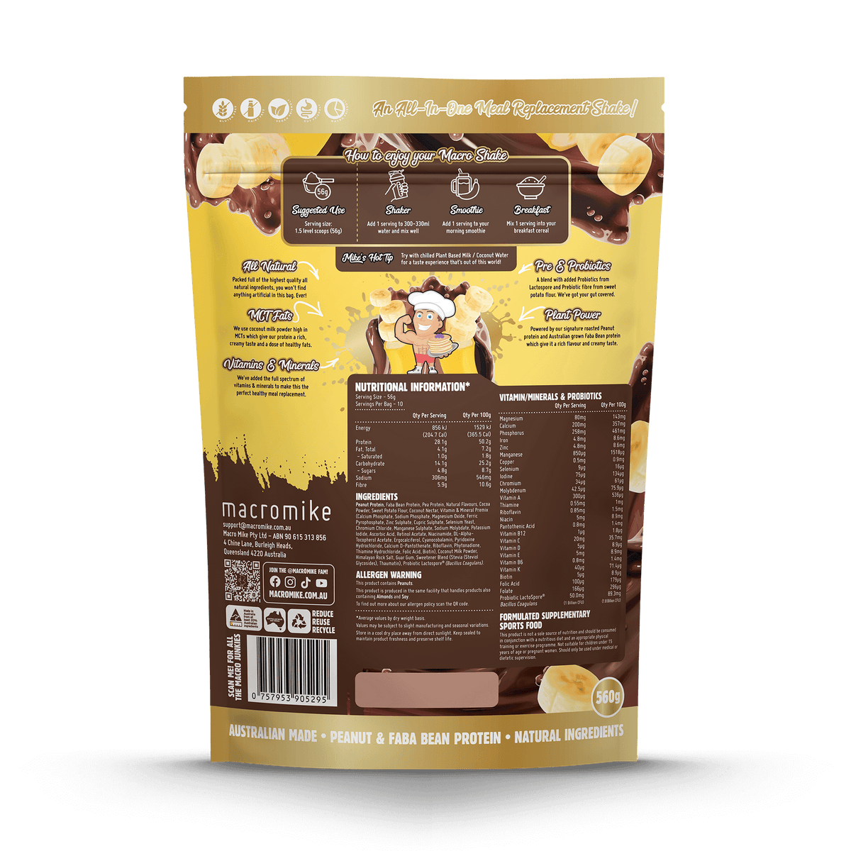 Macro Mike Peanut Macro Shake PB Chocolate Banana supplement facts and nutrition panel