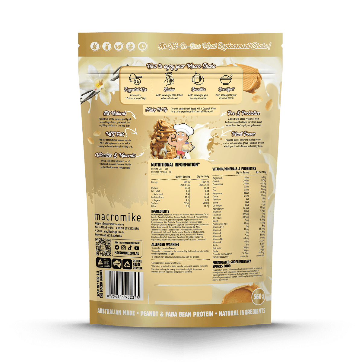 Macro Mike Peanut Macro Shake PB Vanilla Ice Cream supplement facts and nutrition panel