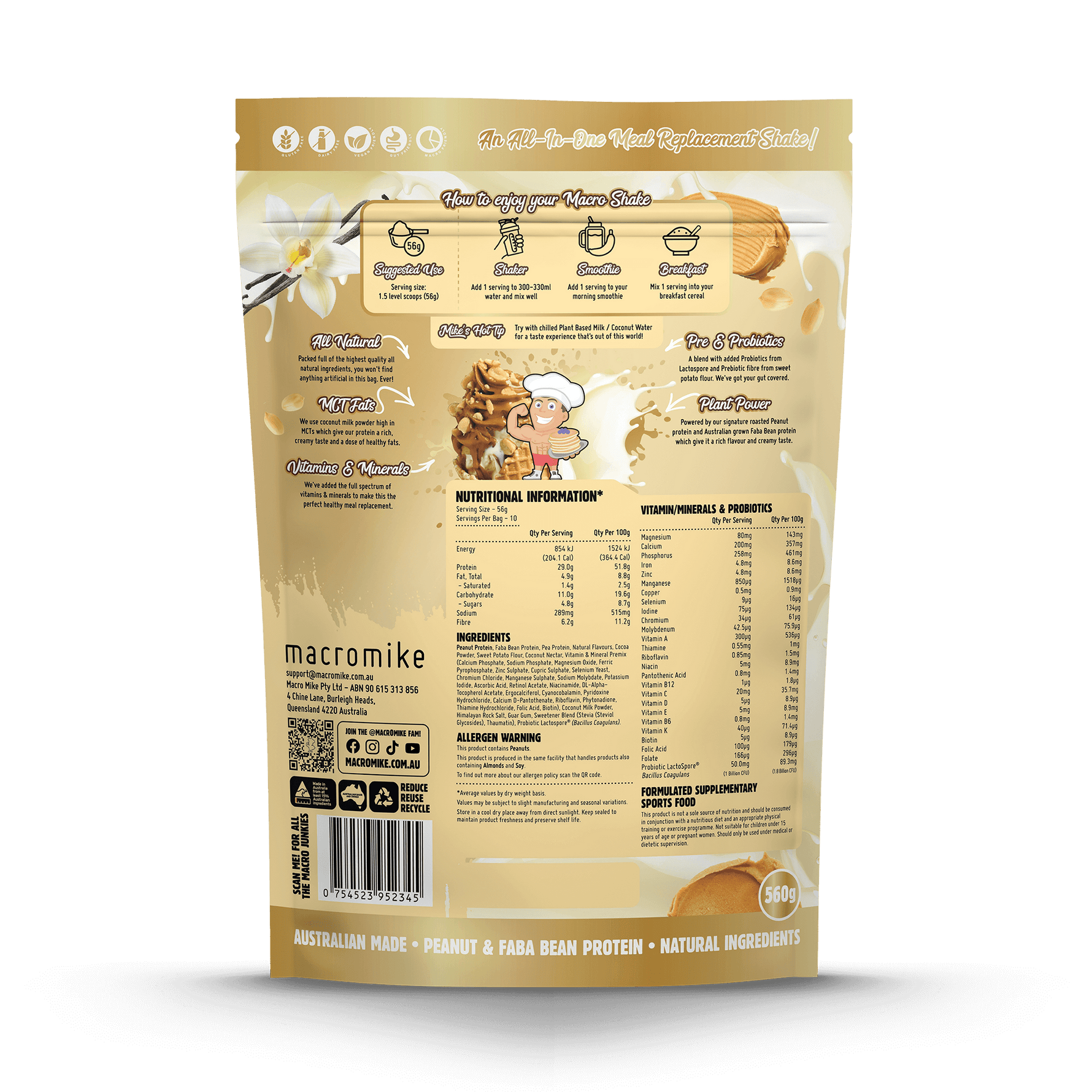 Macro Mike Peanut Macro Shake PB Vanilla Ice Cream supplement facts and nutrition panel
