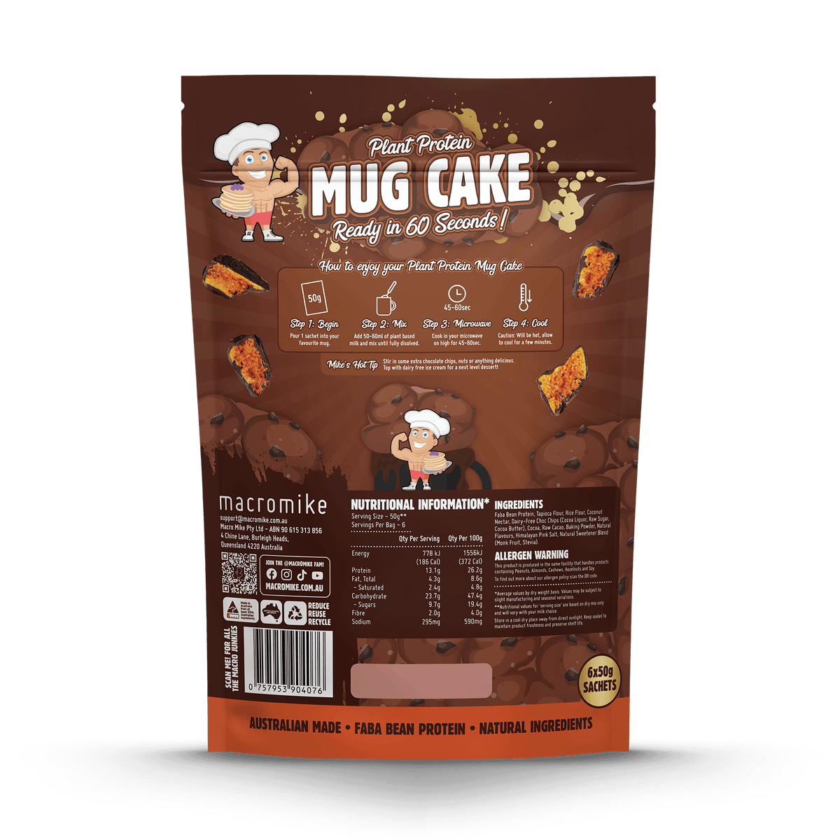 Macro Mike Mug Cake Caramelised Choc Honeycomb supplement facts and nutrition panel
