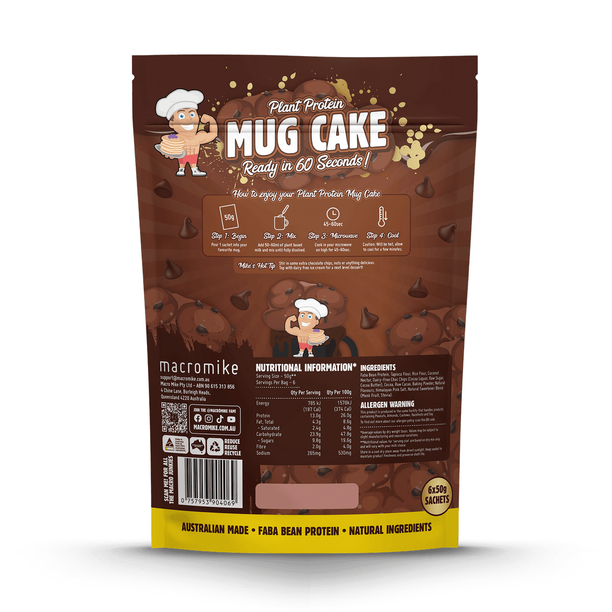 Macro Mike Mug Cake Double Choc Fudge supplement facts and nutrition panel