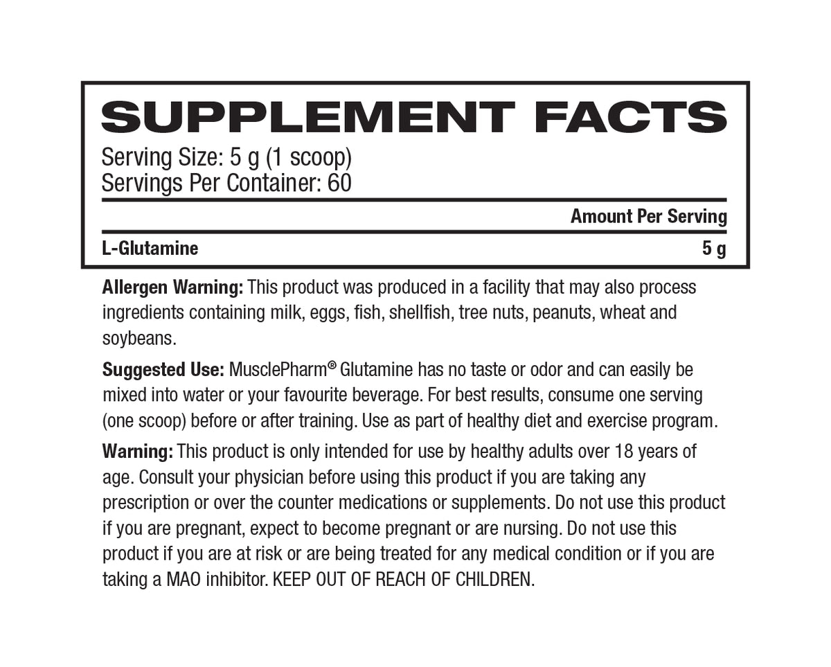 MusclePharm Glutamine Essentials supplement facts and nutrition panel