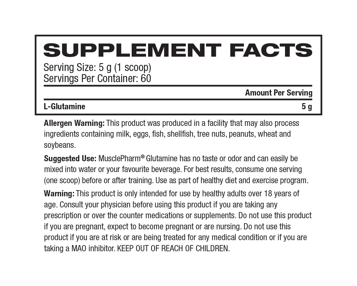 MusclePharm Glutamine Essentials supplement facts and nutrition panel