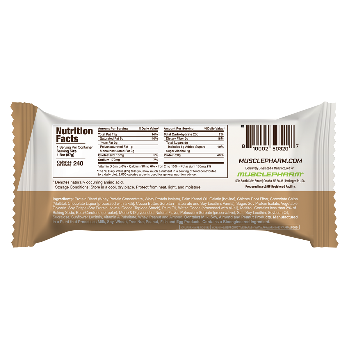 MusclePharm Combat Sport Bar Choc Chip Cookie Dough supplement facts and nutrition panel