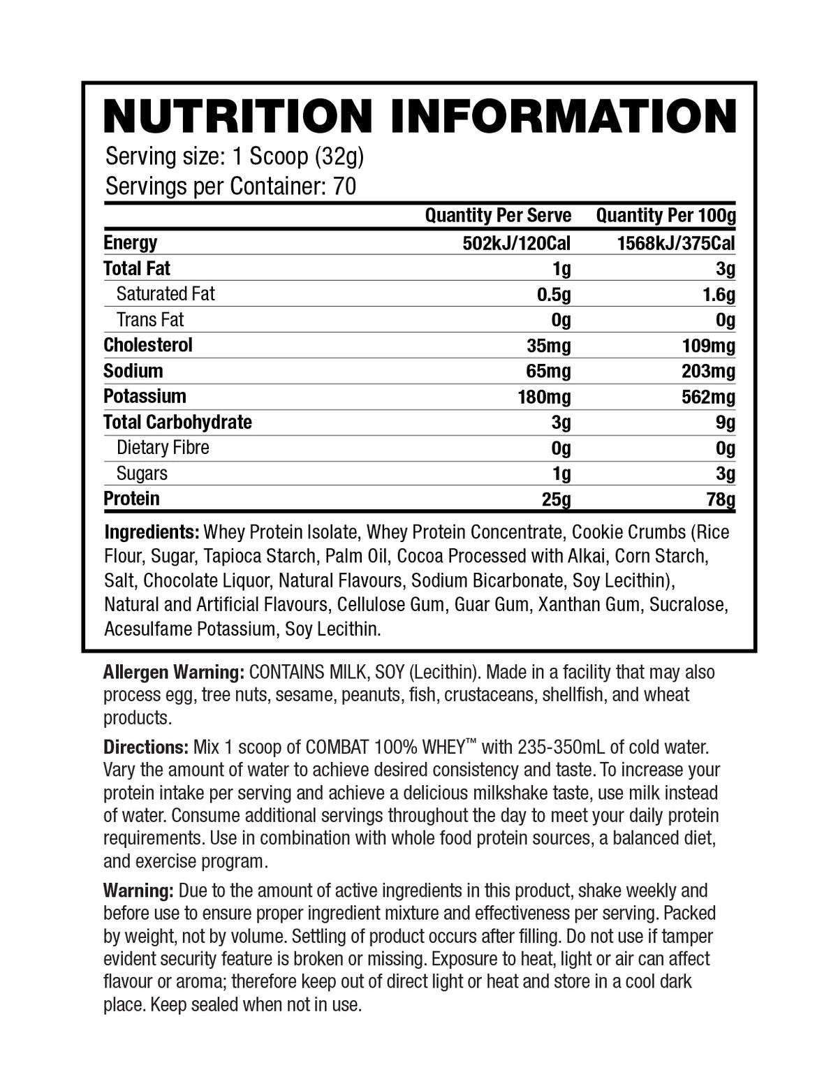 MusclePharm Combat 100% Whey Cookie N Cream supplement facts and nutrition panel