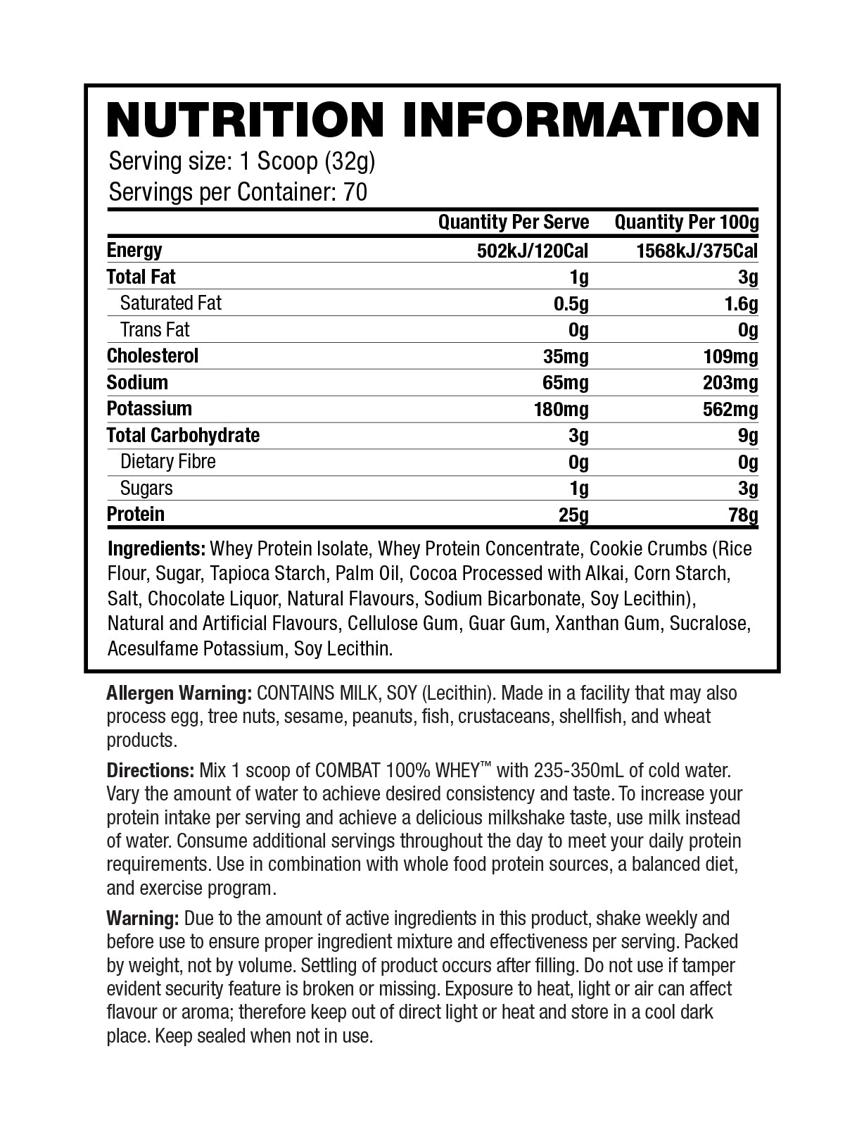 MusclePharm Combat 100% Whey Cookie N Cream supplement facts and nutrition panel