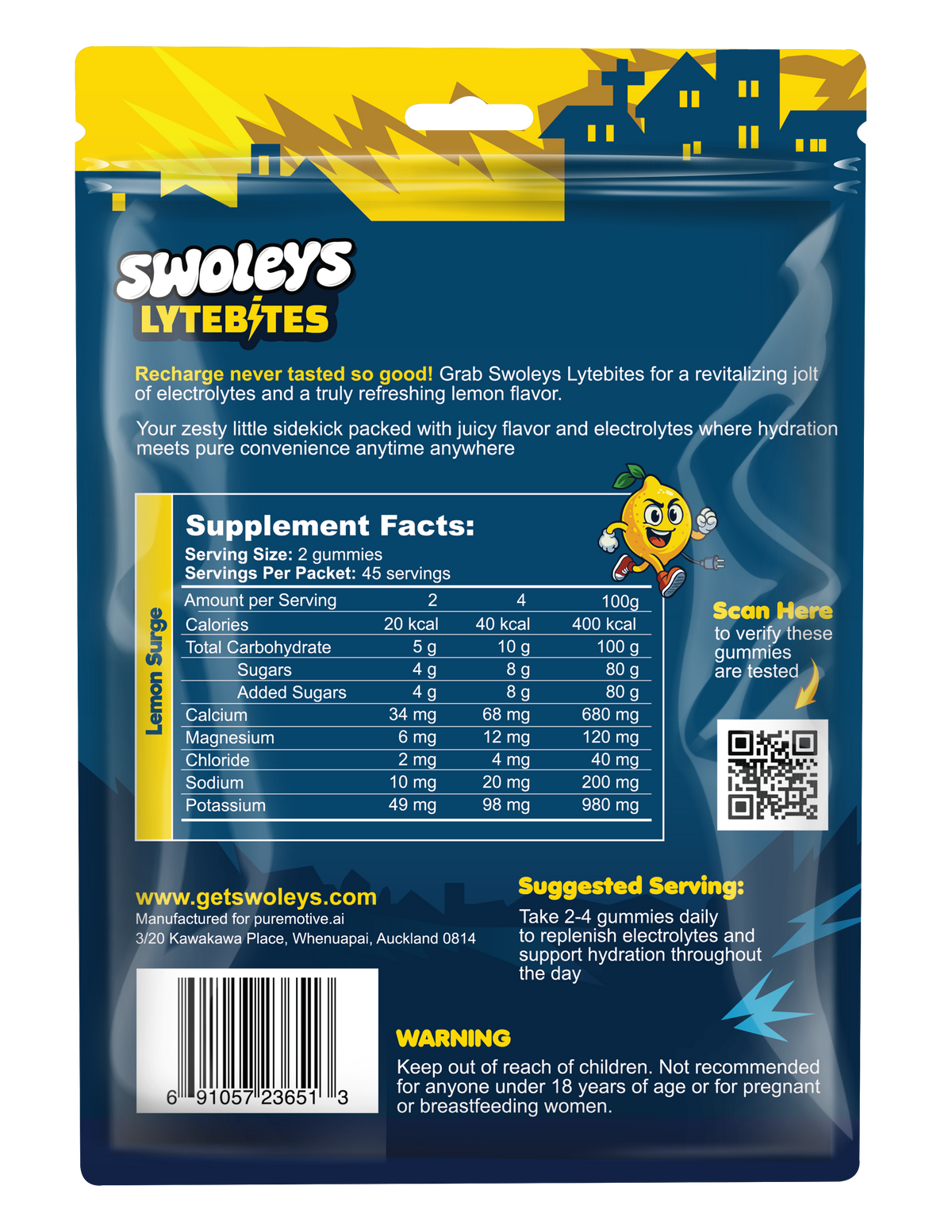 Swoleys Electrolyte Gummies Lemon Surge (45 Serves) back of pack