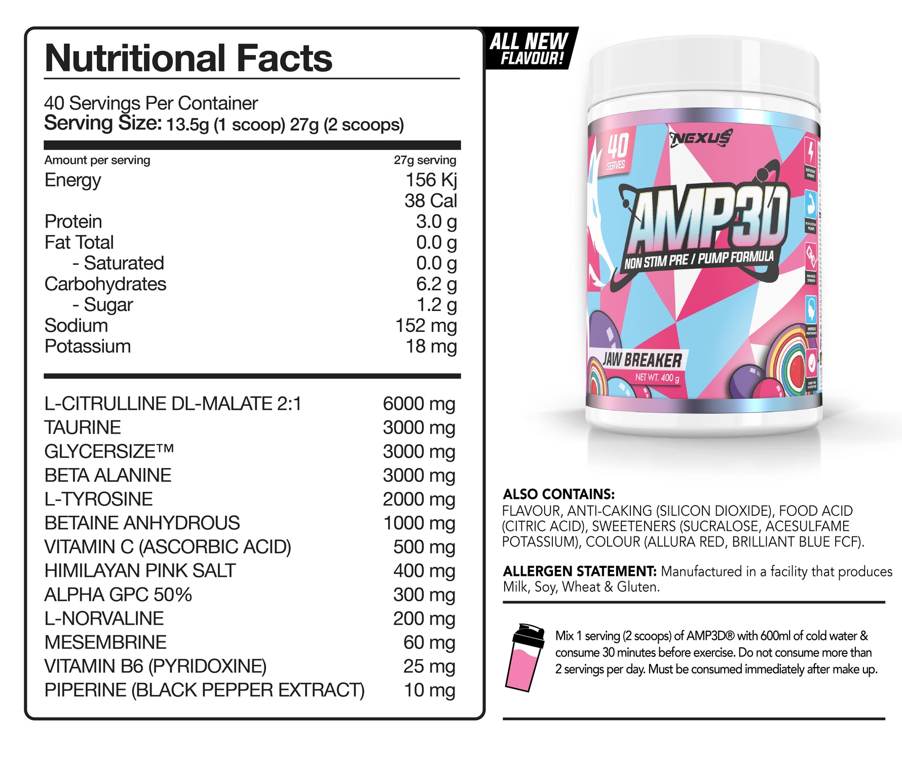 Nexus AMP3D supplement facts and nutrition panel