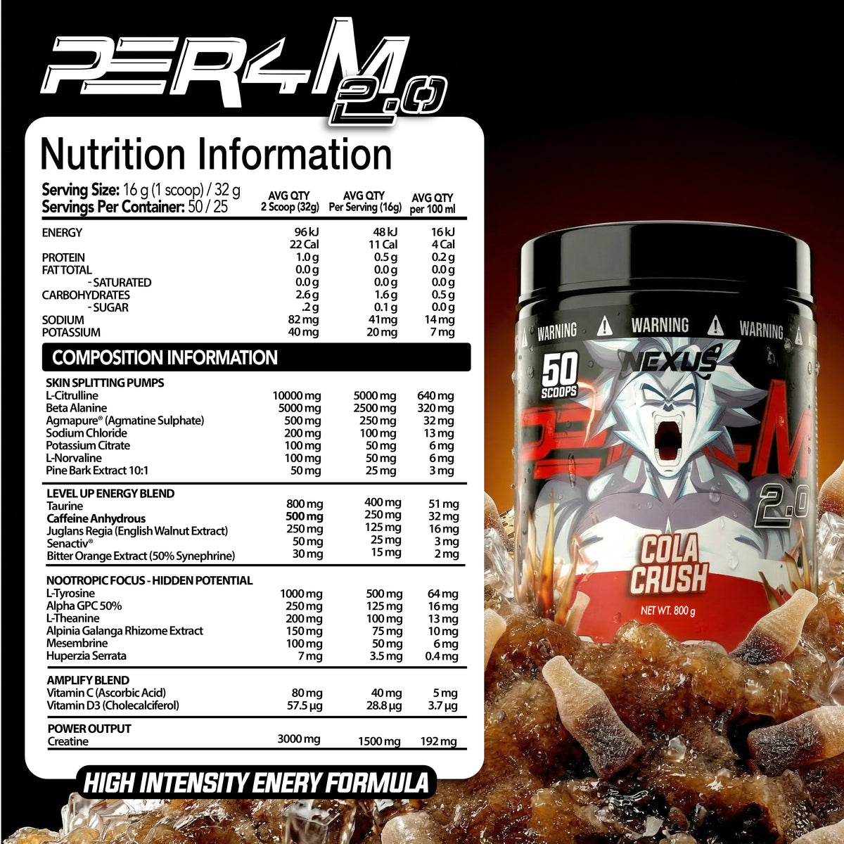 Nexus PER4M 2.0 Cola Crush nutrition panel