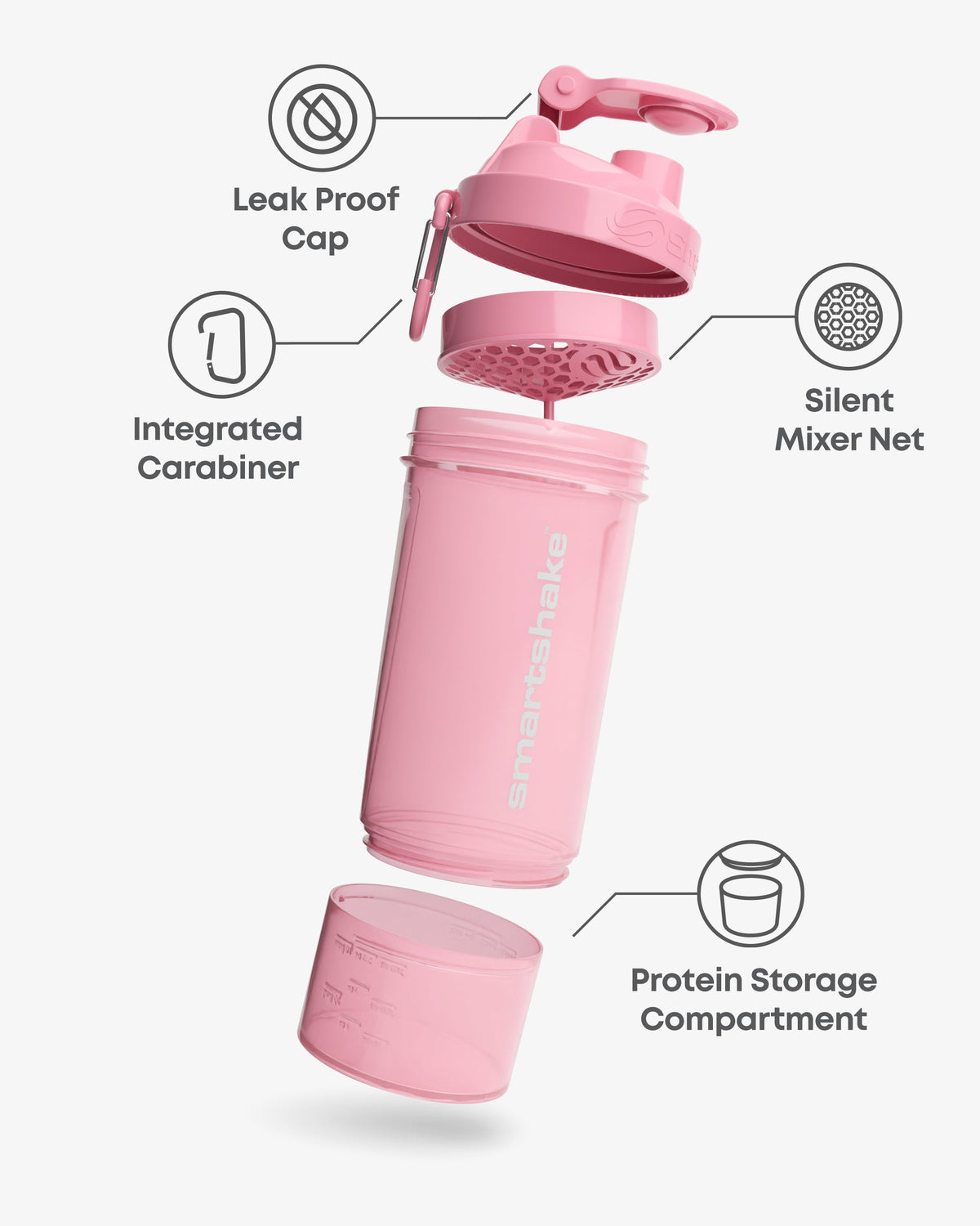 SmartShake Original2Go One Light Pink exploded diagram showing leak proof cap, carabiner, mixer net and protein storage compartment