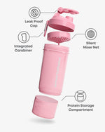 SmartShake Original2Go One Light Pink exploded diagram showing leak proof cap, carabiner, mixer net and protein storage compartment