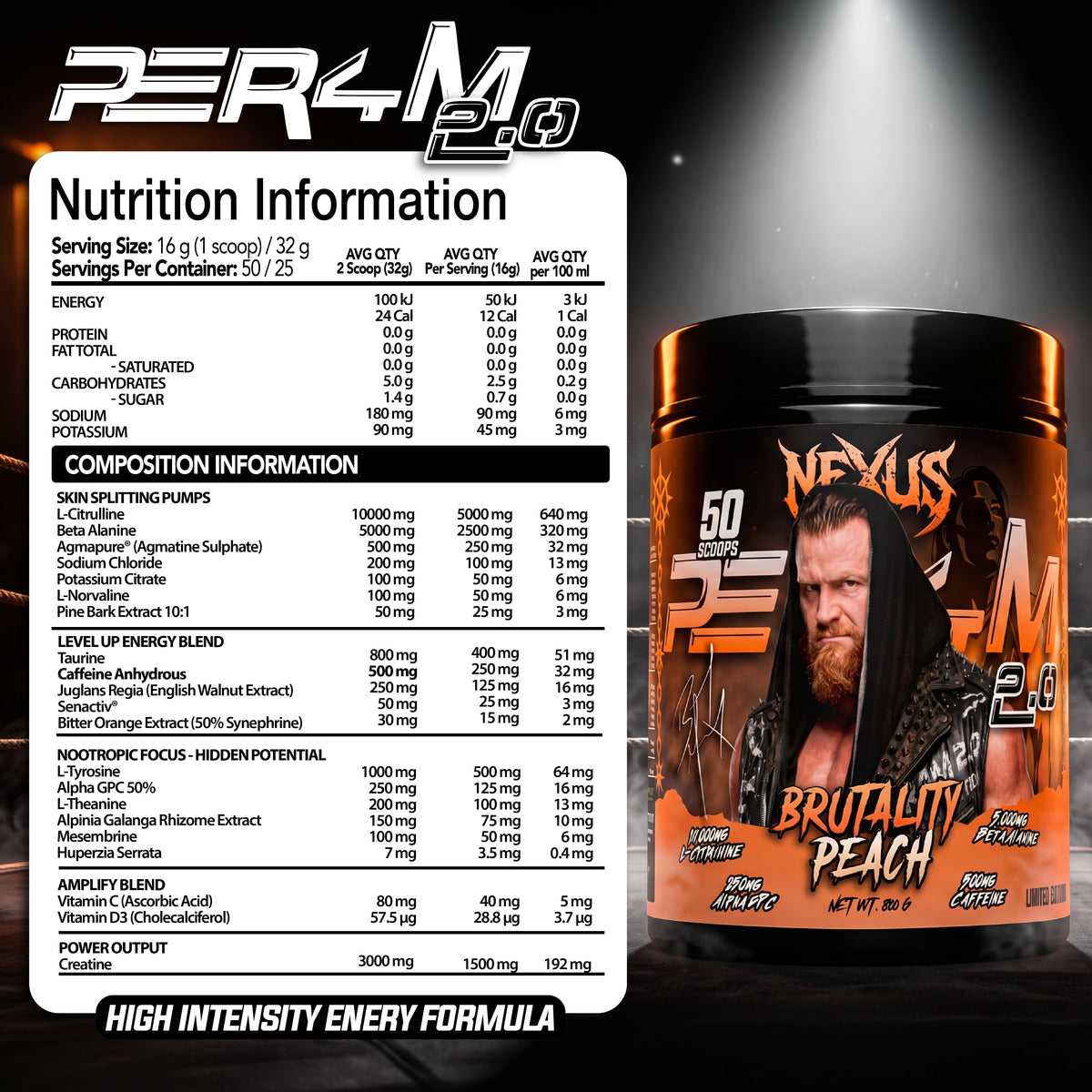 Nexus PER4M 2.0 Brutality Peach supplement facts and nutrition panel