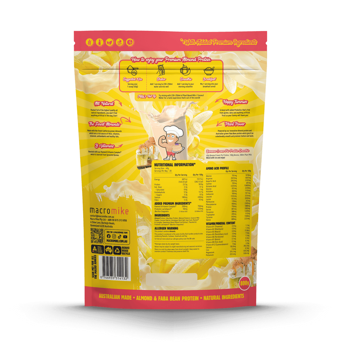 Macro Mike Premium Almond Protein Banana Cream Pie supplement facts and nutrition panel