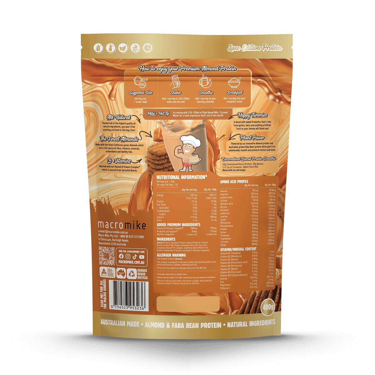 Macro Mike Luxe Almond Protein Caramelised Biscuit 400g back