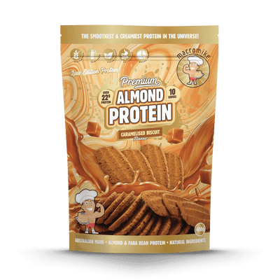 Macro Mike Luxe Almond Protein Caramelised Biscuit 400g protein powder, front, NZ Supps