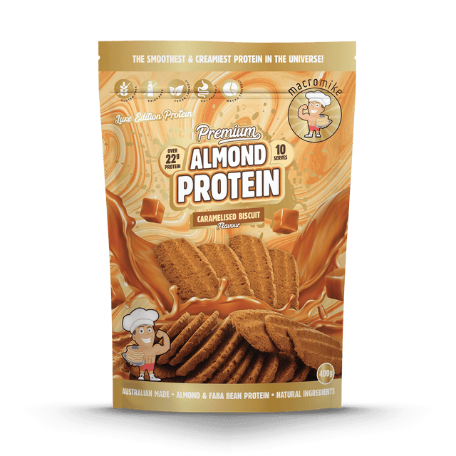 Macro Mike Luxe Almond Protein Caramelised Biscuit 400g protein powder, front, NZ Supps