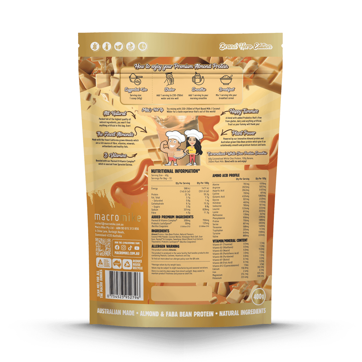 Macro Mike Luxe Almond Protein Caramelised White Chocolate 400g back