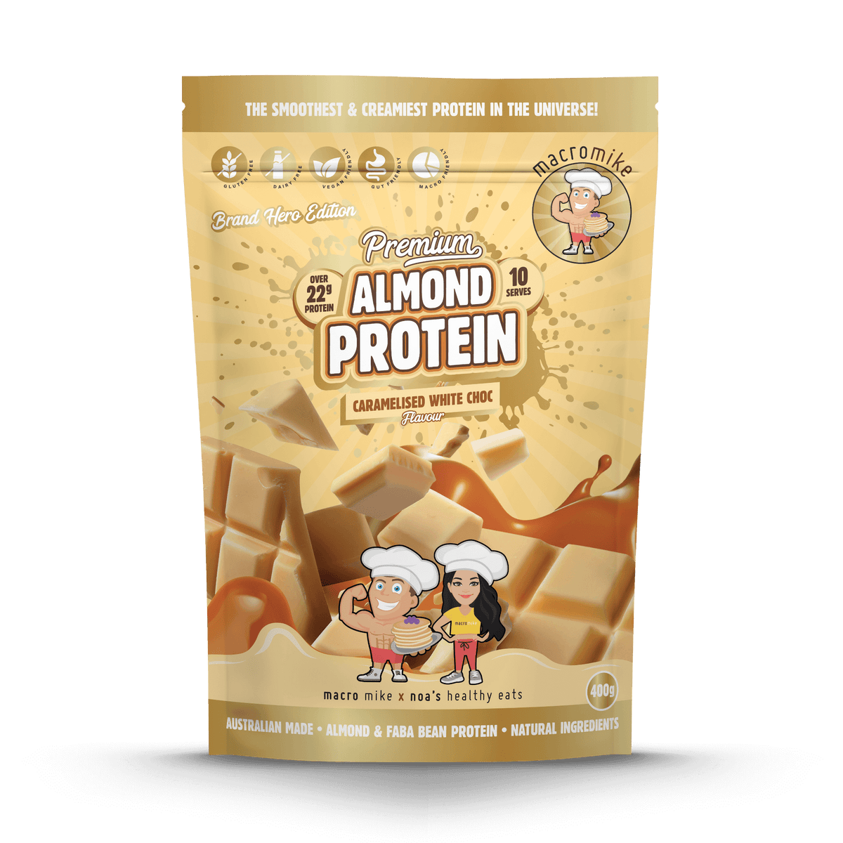 Macro Mike Luxe Almond Protein Caramelised White Chocolate 400g front