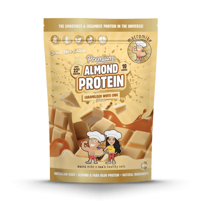 Macro Mike Luxe Almond Protein Caramelised White Chocolate 400g protein powder, front, NZ Supps