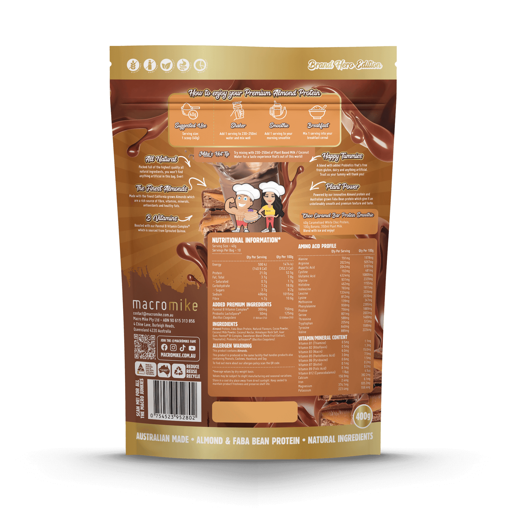 Macro Mike Luxe Almond Protein Chocolate Caramel Bar 400g back