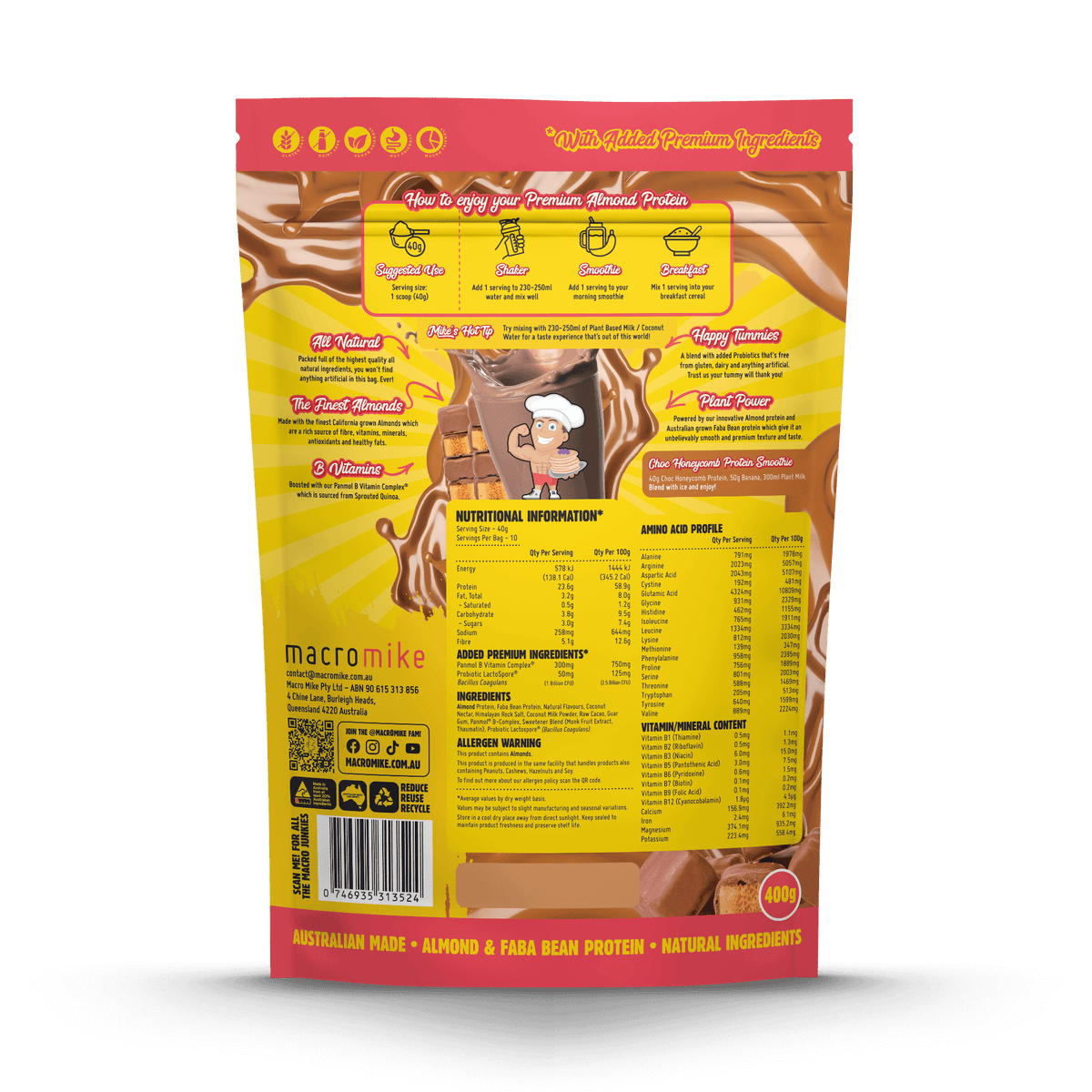 Macro Mike Premium Almond Protein Chocolate Honeycomb supplement facts and nutrition panel