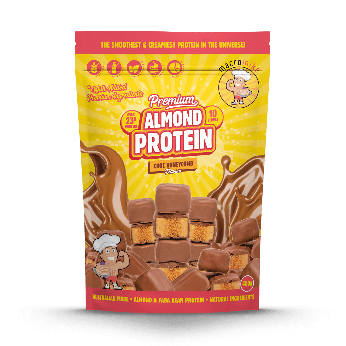 Macro Mike Premium Almond Protein Chocolate Honeycomb 400g front