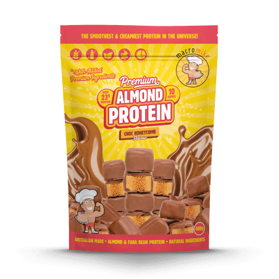 Macro Mike Premium Almond Protein Chocolate Honeycomb 400g protein powder, front, NZ Supps