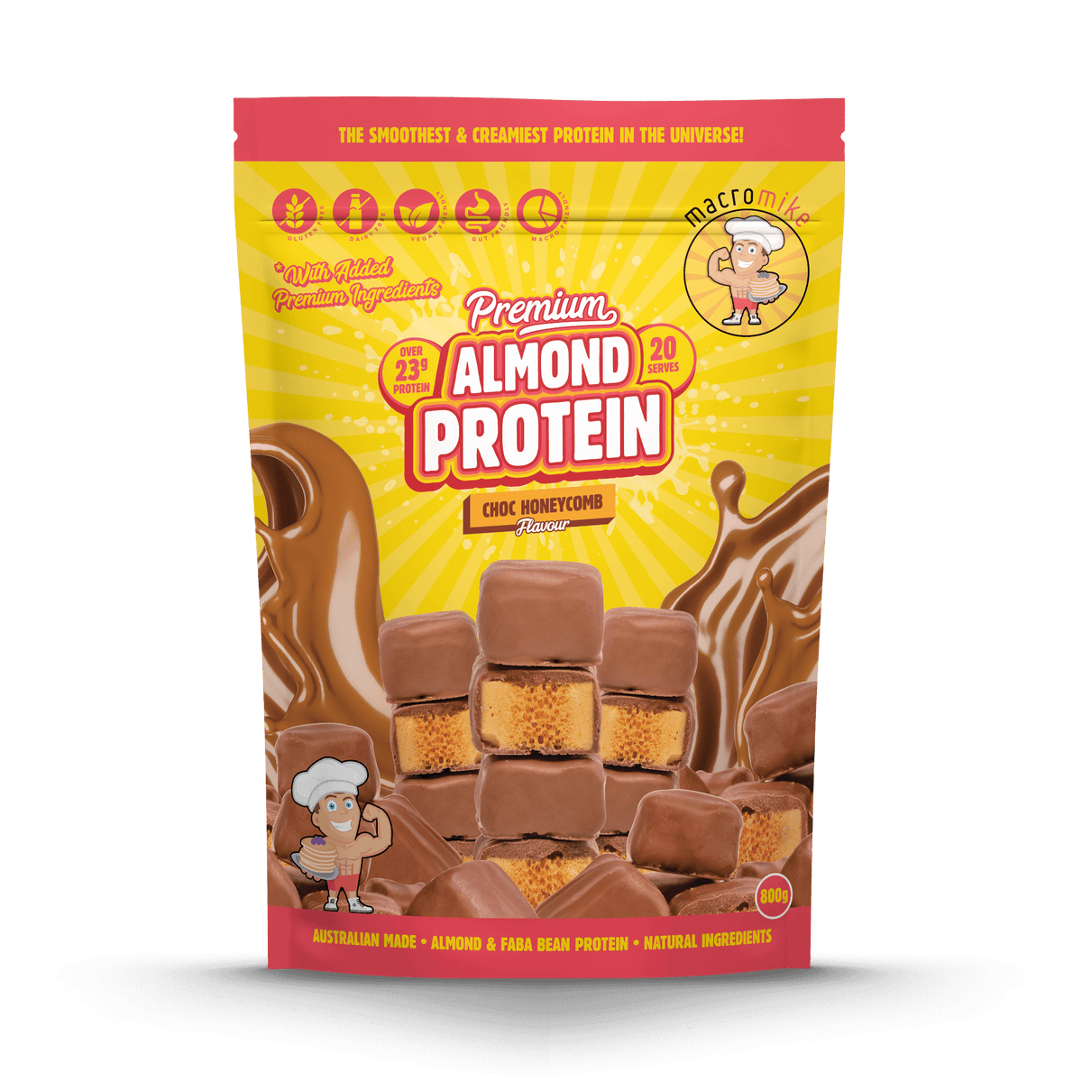 Macro Mike Premium Almond Protein Chocolate Honeycomb 800g front