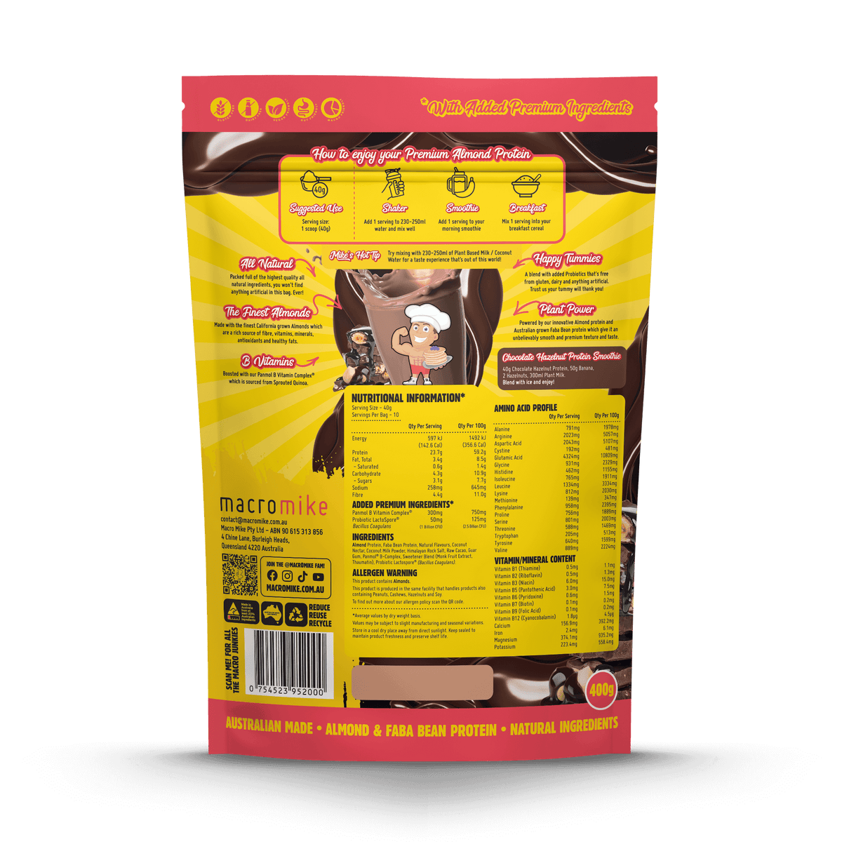 Macro Mike Premium Almond Protein Chocolate Hazelnut supplement facts and nutrition panel