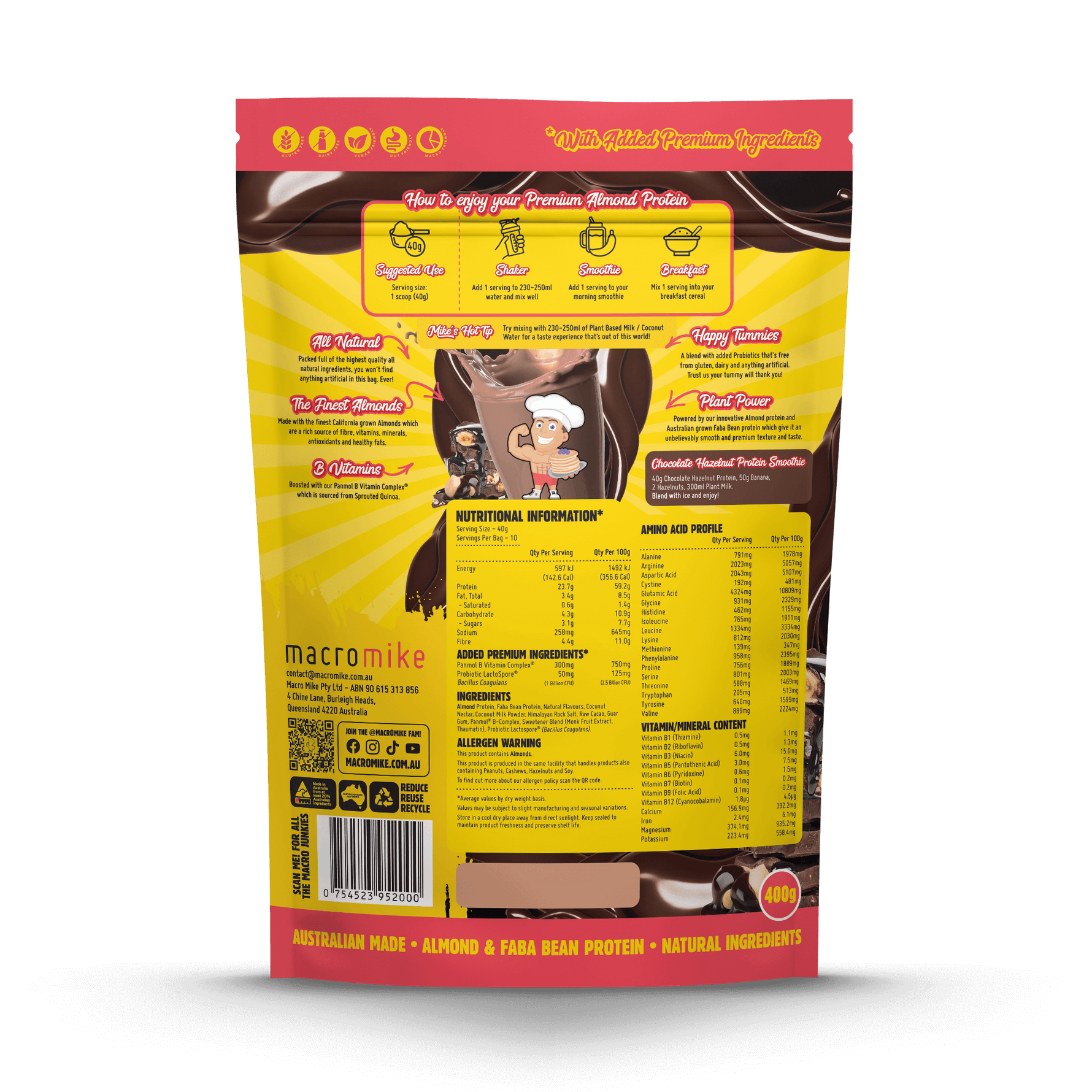 Macro Mike Premium Almond Protein Chocolate Hazelnut supplement facts and nutrition panel