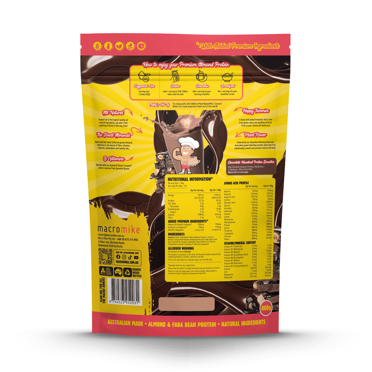 Macro Mike Premium Almond Protein Chocolate Hazelnut supplement facts and nutrition panel