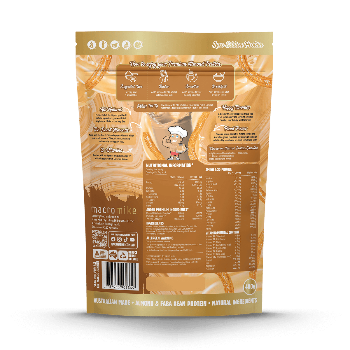 Macro Mike Luxe Almond Protein Cinnamon Churros back of pack