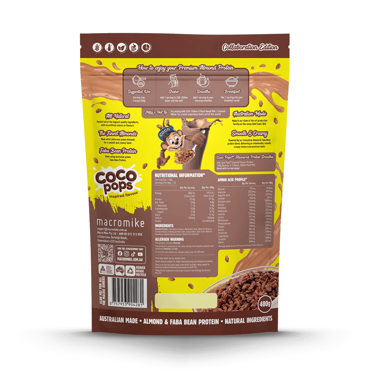 Macro Mike x Kellogg's Premium Almond Protein Coco Pops 400g back