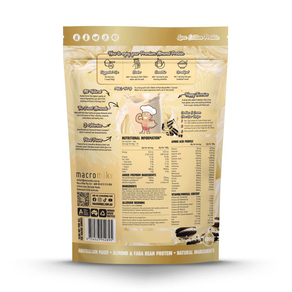 Macro Mike Premium Almond Protein Cookies & Cream supplement facts and nutrition panel