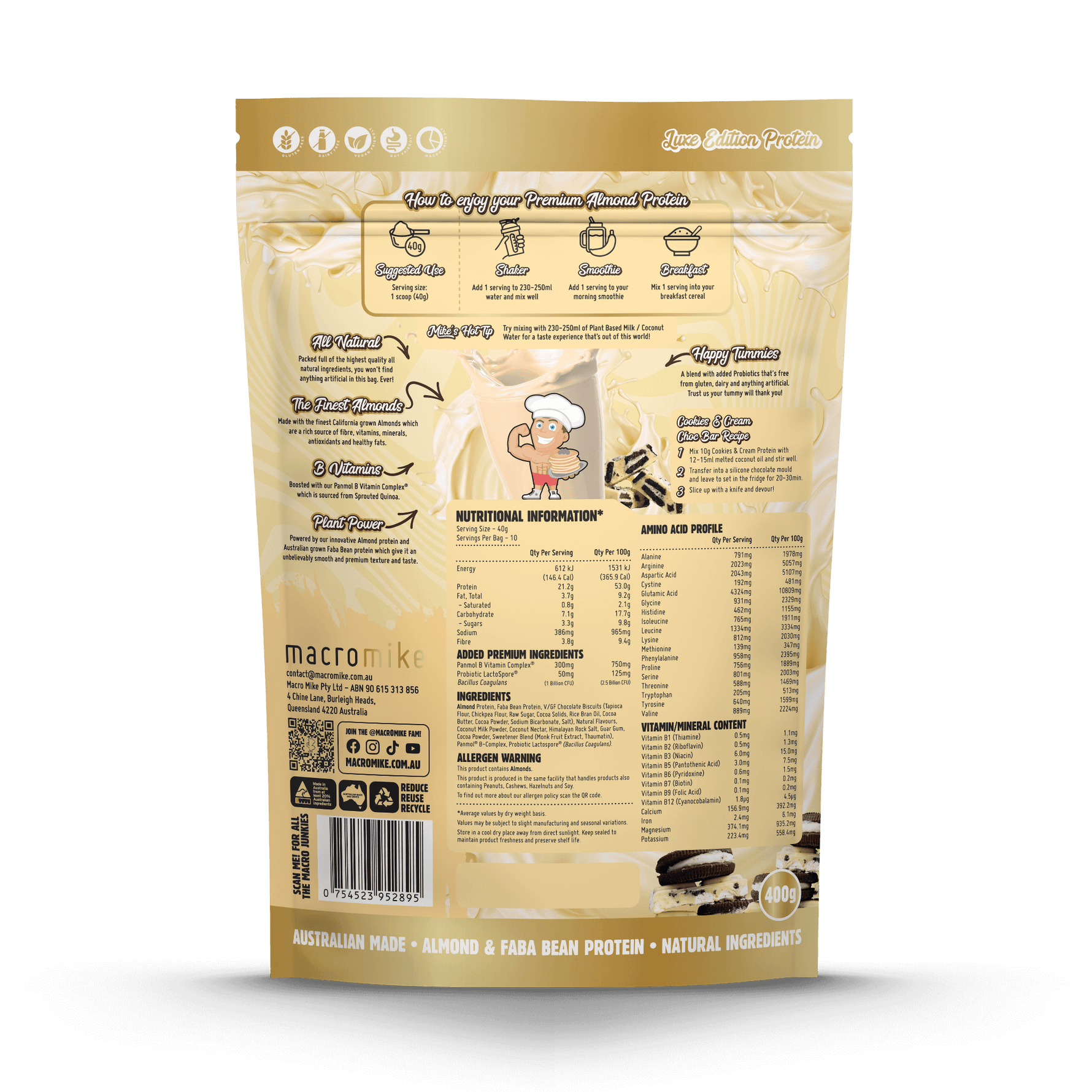 Macro Mike Premium Almond Protein Cookies & Cream supplement facts and nutrition panel
