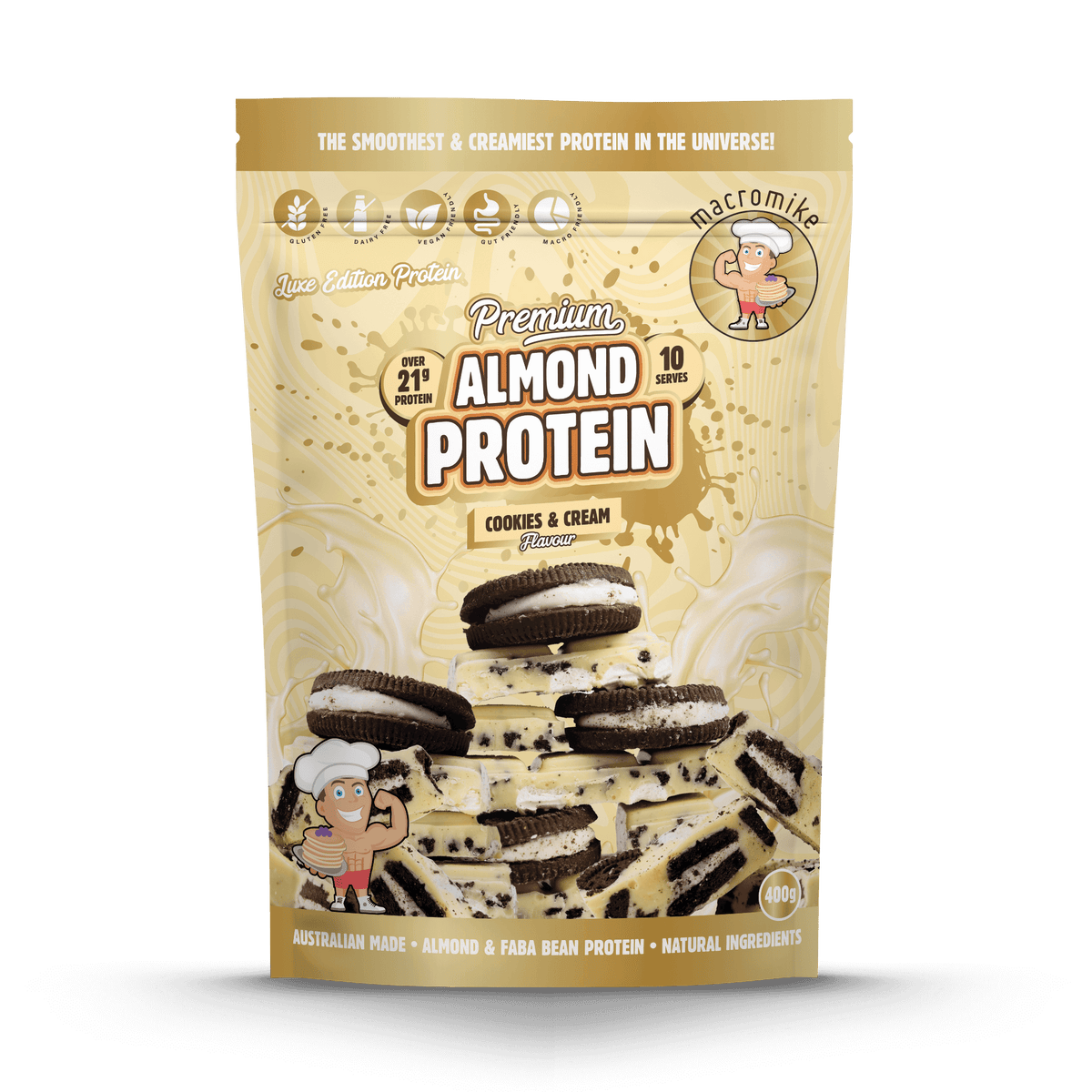 Macro Mike Premium Almond Protein Cookies & Cream 400g front