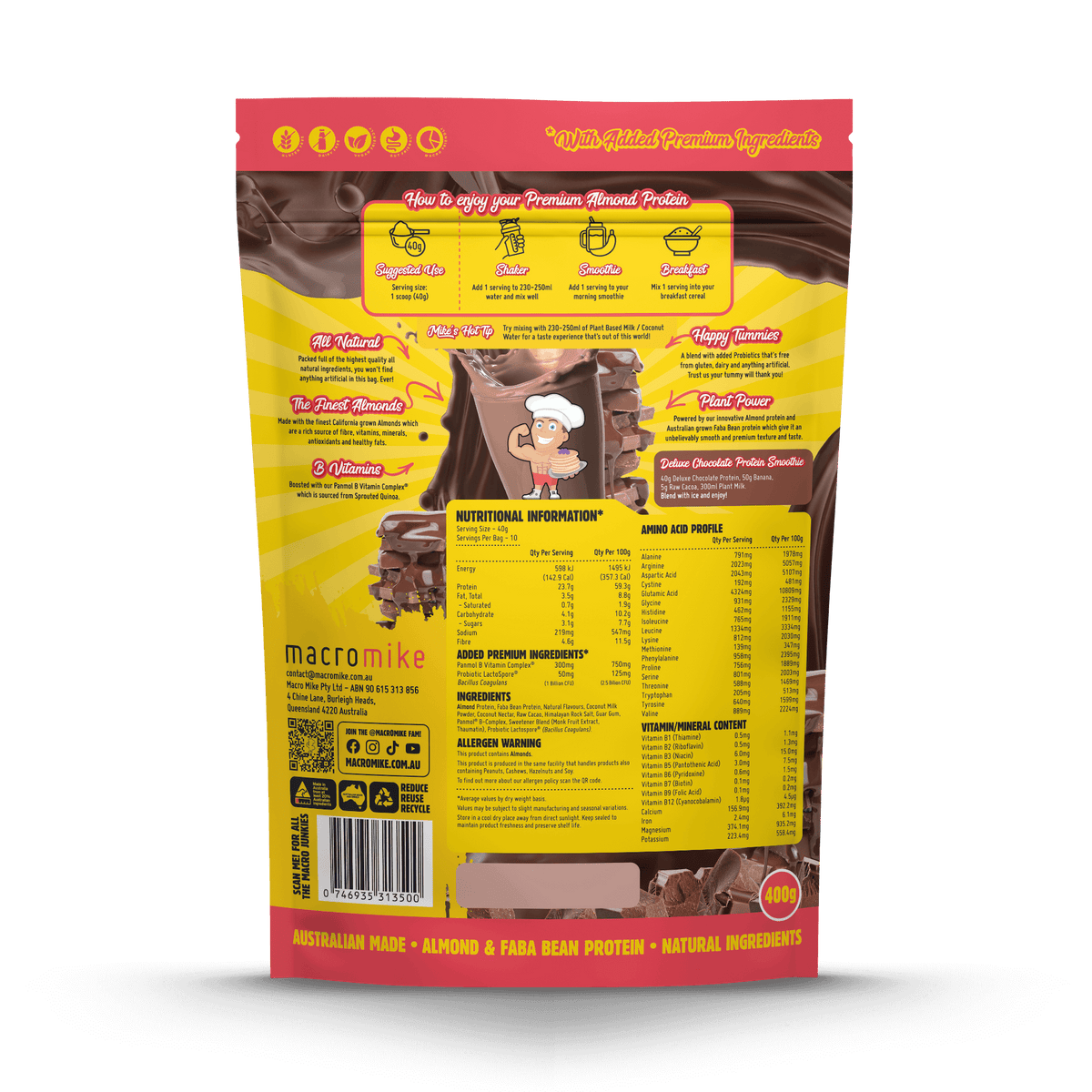 Macro Mike Premium Almond Protein Deluxe Chocolate supplement facts and nutrition panel
