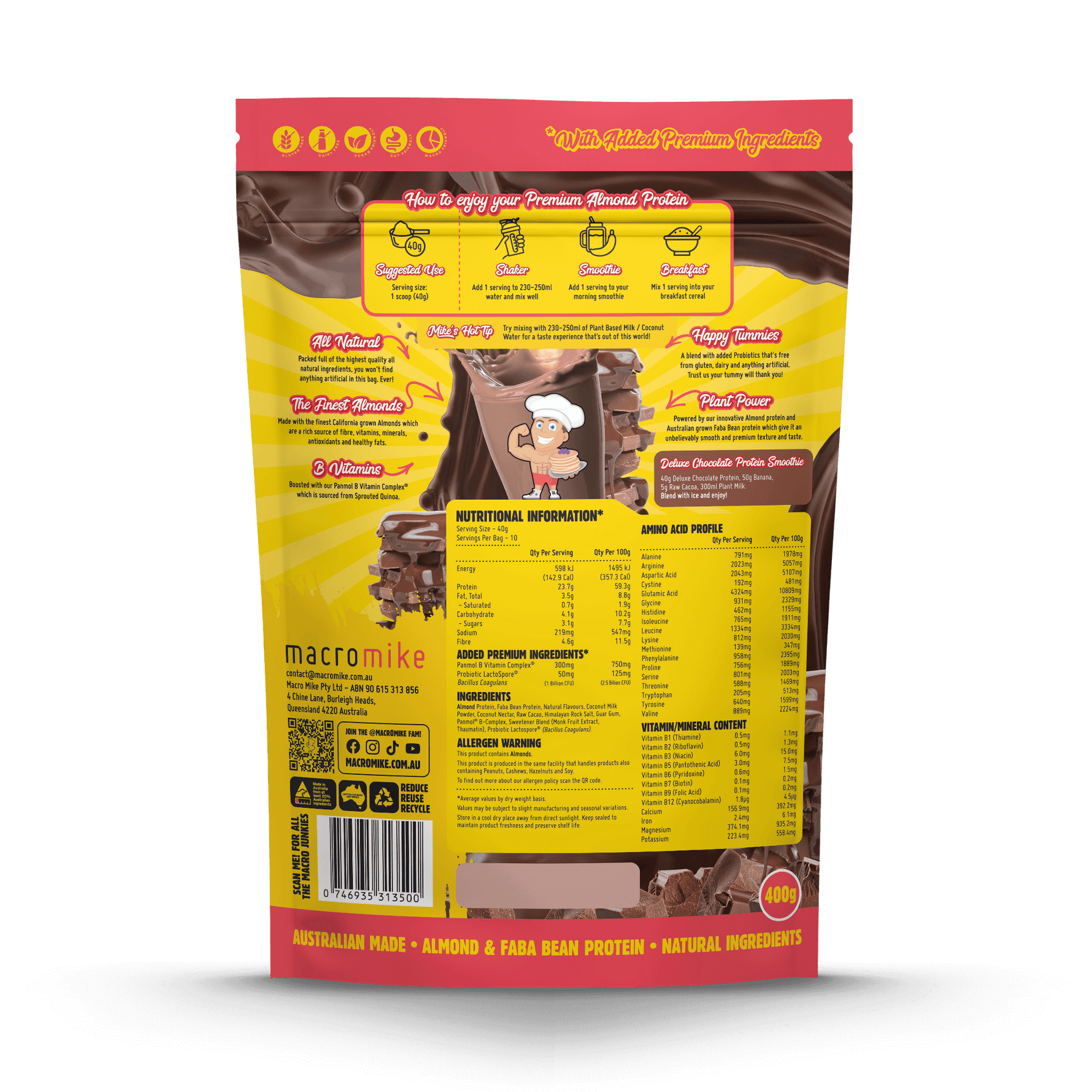Macro Mike Premium Almond Protein Deluxe Chocolate supplement facts and nutrition panel